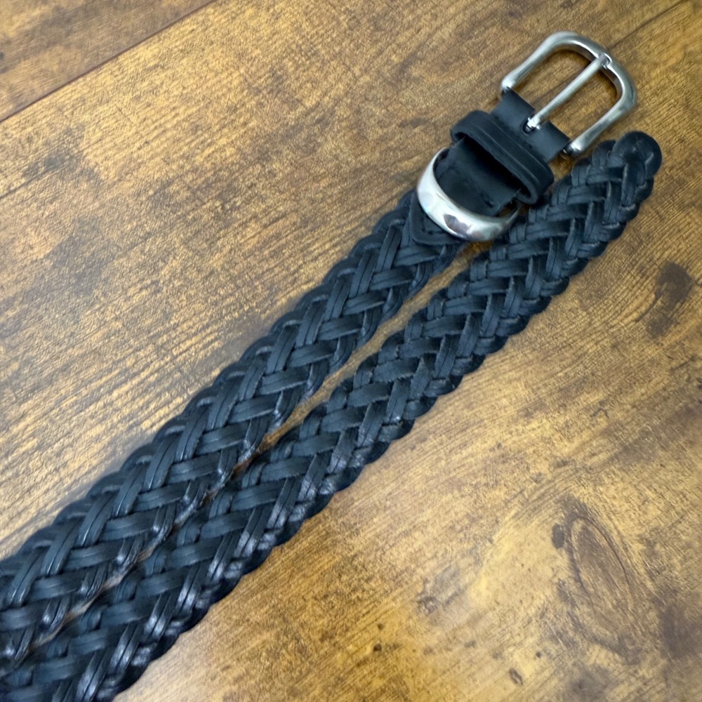 Vtg Black Braided Genuine Leather Belt Womens M/L Silver Buckle Preppy Classic - Picture 4 of 10